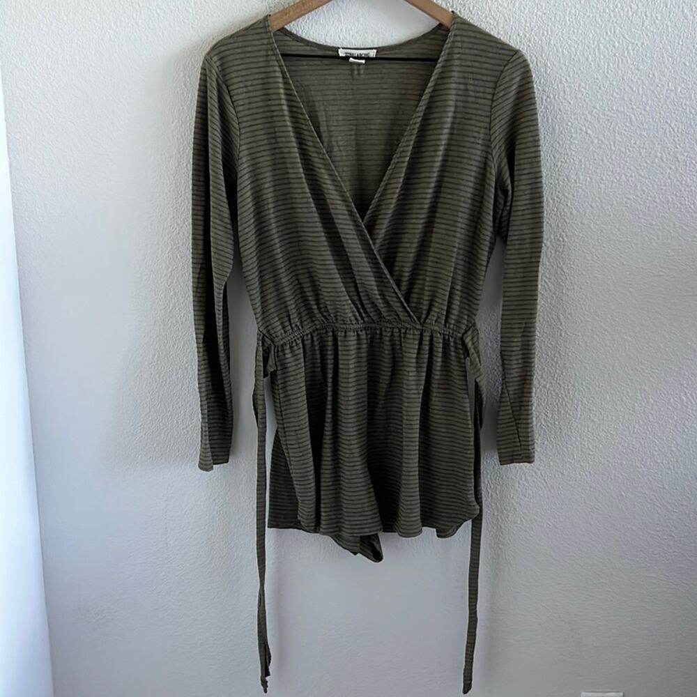 Billabong Faux Wrap Romper Green Stripe Tie Waist Boho Long Sleeve Tie Medium